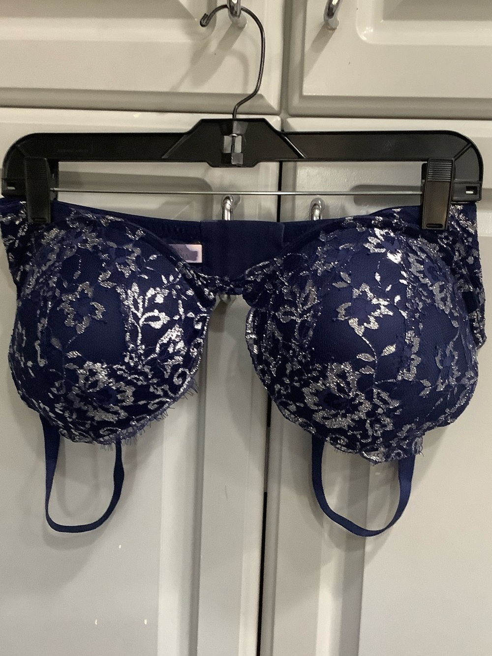Victoria's Secret Dream Angels Blue Silver Lace Overlay Adjust. Strap Bra 38D